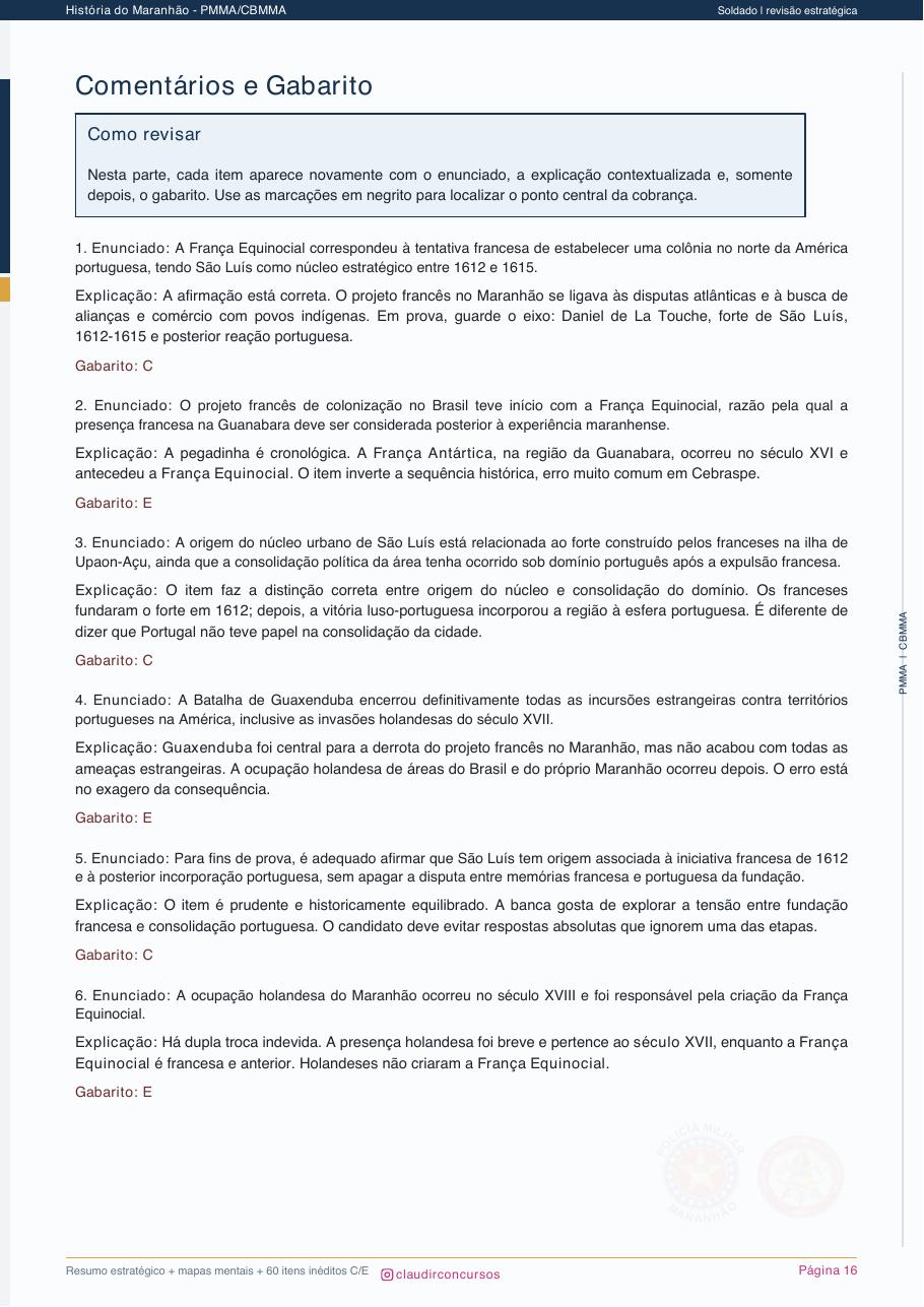 Página com comentários e gabarito
